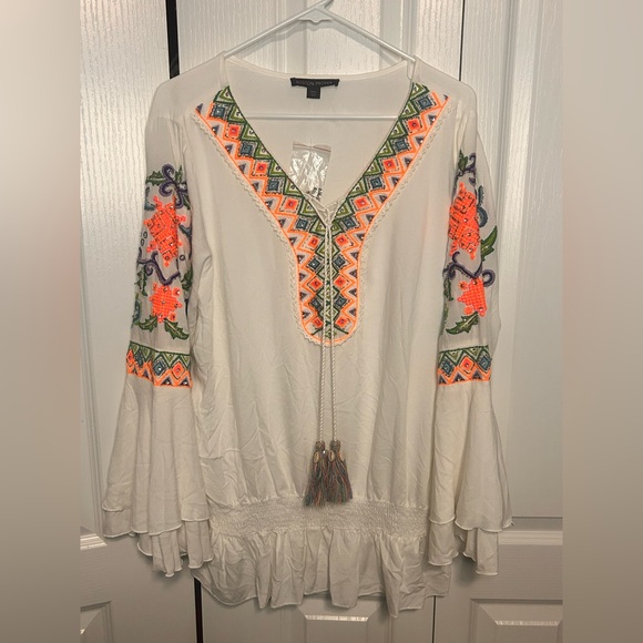 Boston Proper Tops - Boston Proper White Long Sleeve Blouse Orange Blue Jeweled Embroidery L NWOT